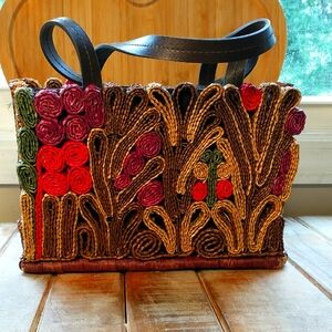 Fun Handcrafted Straw Brown Hand Bag with Ornate Detailing